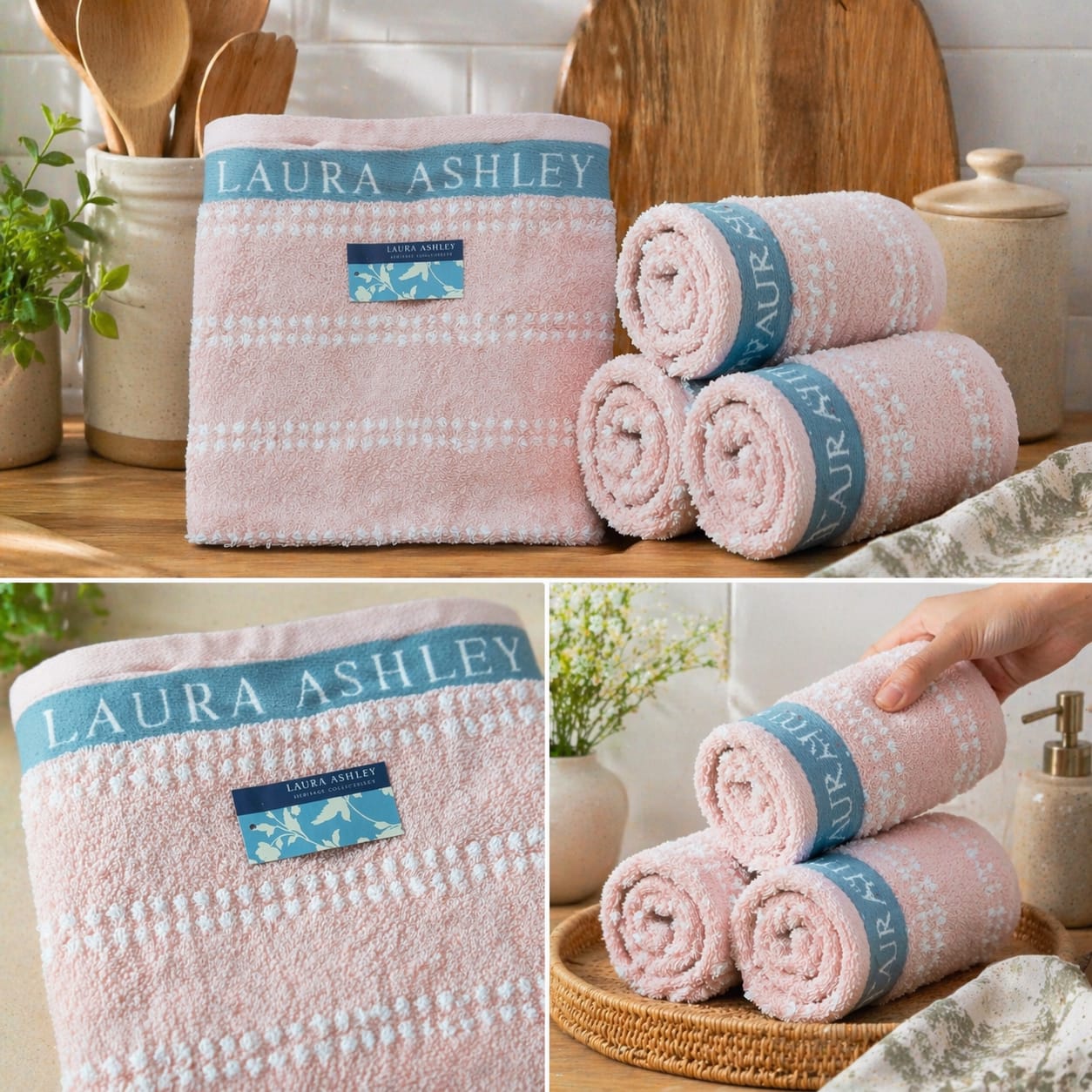 Laura Ashley Kitchen Towel - Terry Blush Horizontal Dotted Stripes