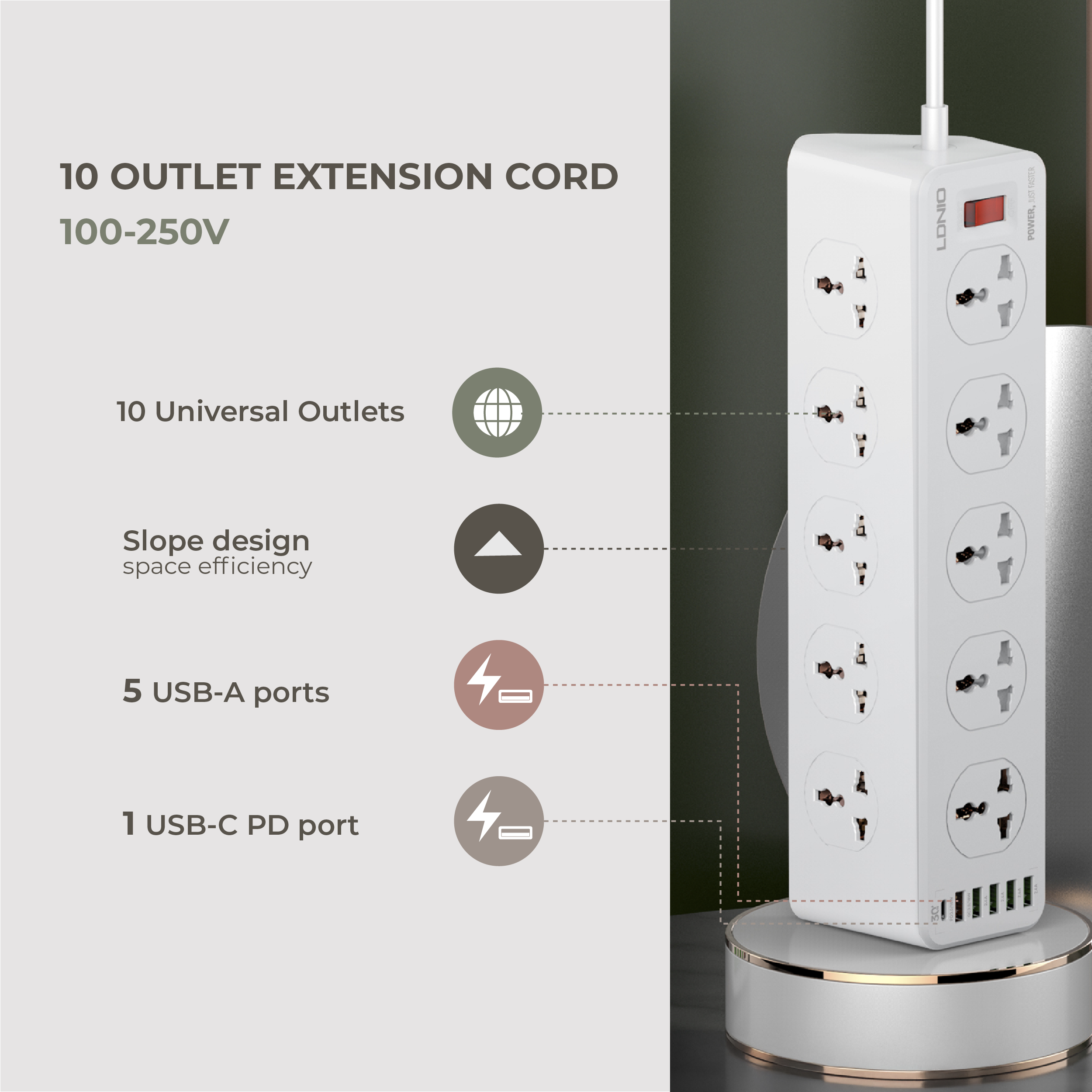 Extension Cord (10 outlets, 5USB-A, 1 USB-C)