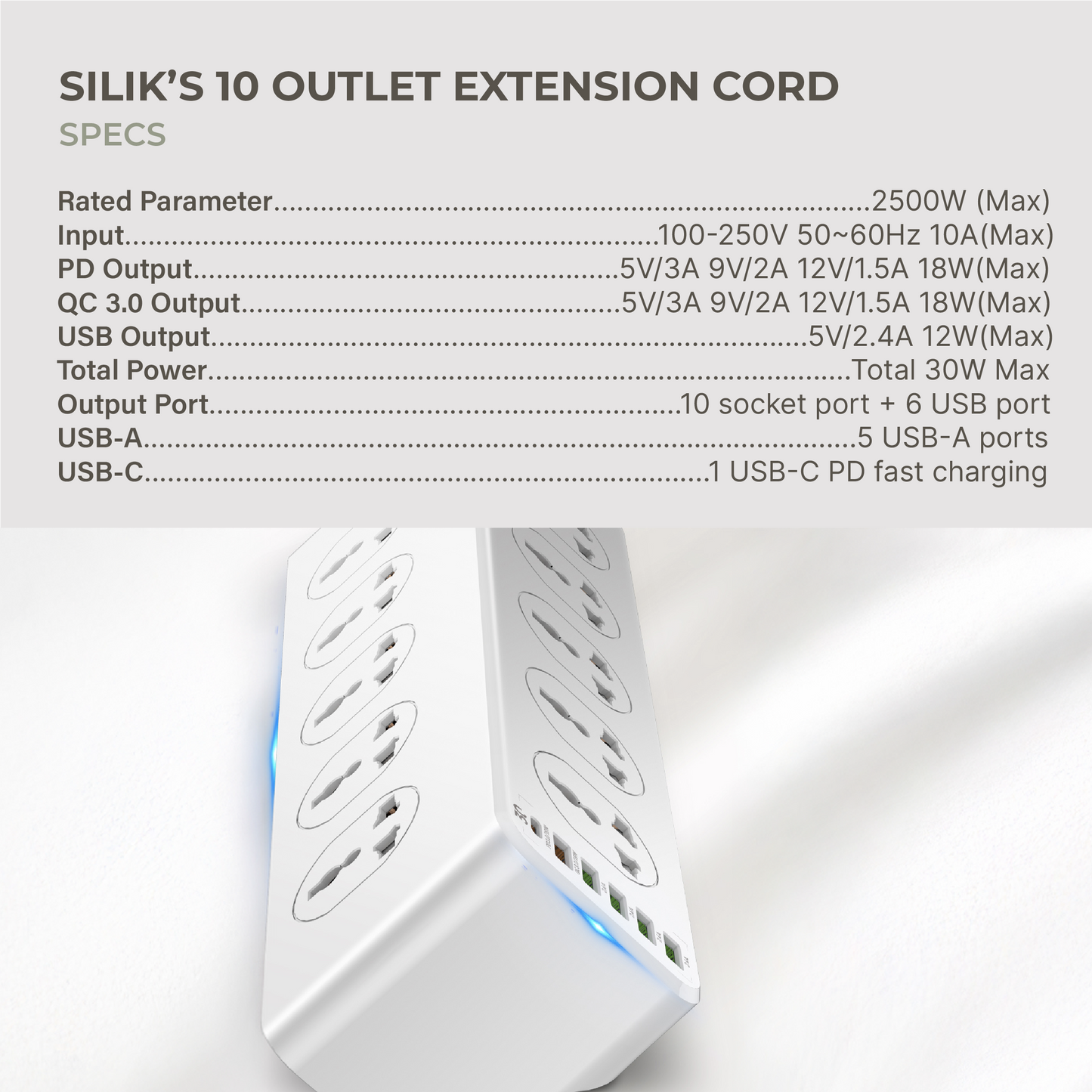 Extension Cord (10 outlets, 5USB-A, 1 USB-C)