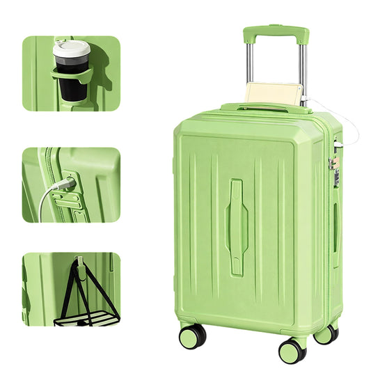 Carry-On Suitcase with USB Charging & Cup Holder (Green)