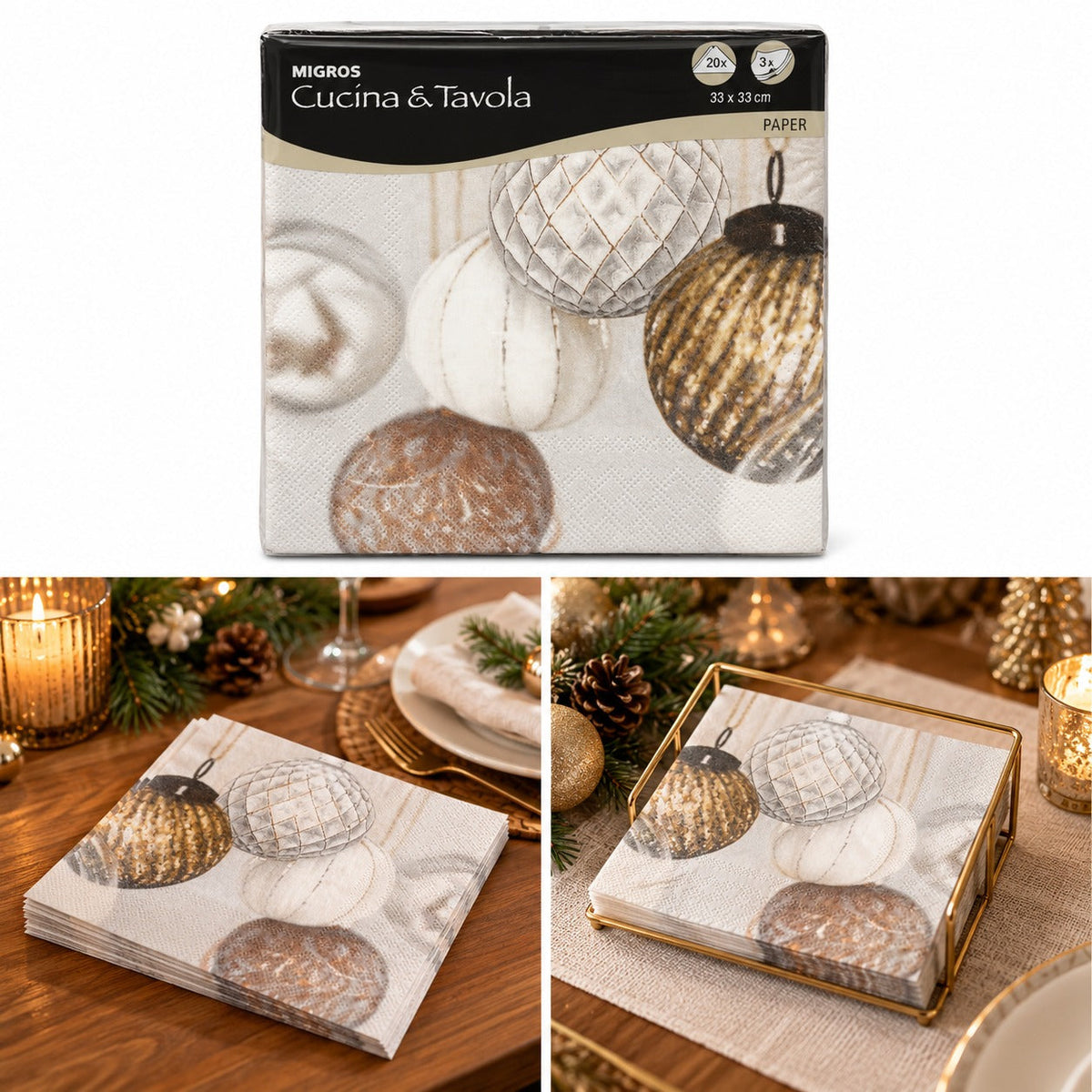 Cucina & Tavola Festive Christmas Paper Napkins – 20 Pack, 33 × 33 cm