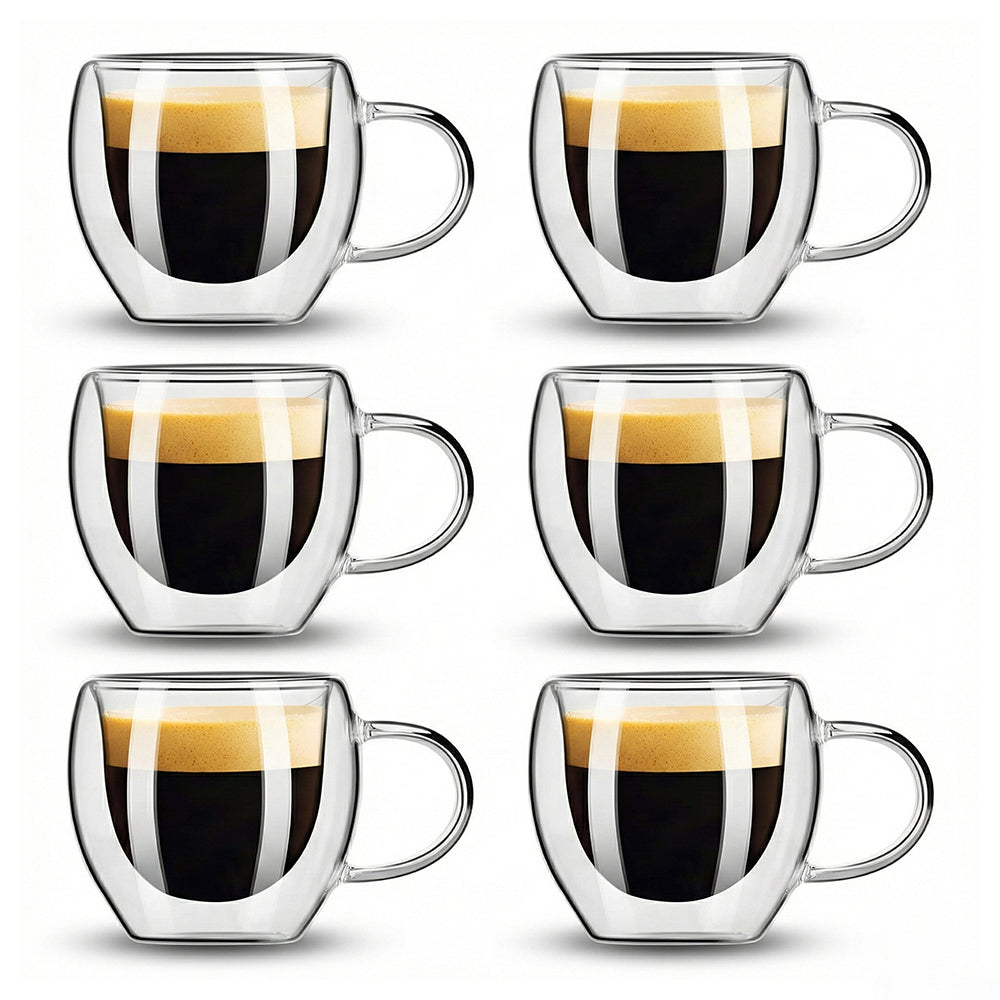 6-Pcs Double Wall Borosilicate Glass Espresso Cup Set with Handle 80ml