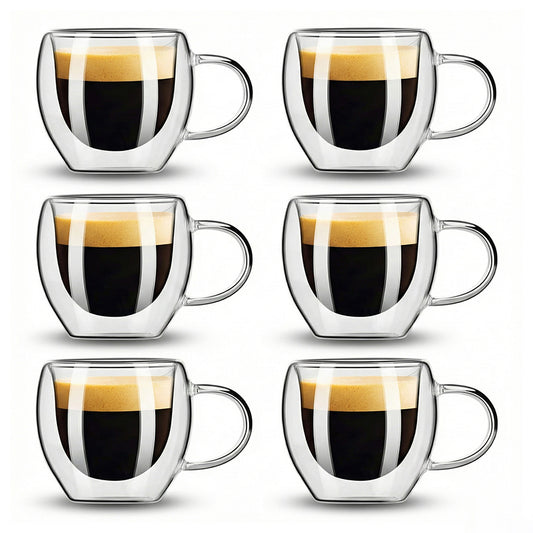 6-Pcs Double Wall Borosilicate Glass Espresso Cup Set with Handle 80ml