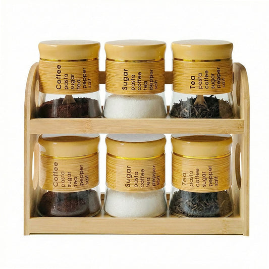 Bamboo Spice Rack Set with 6 Glass Jars Plastic Lid – 400ml #CB-TWJ45