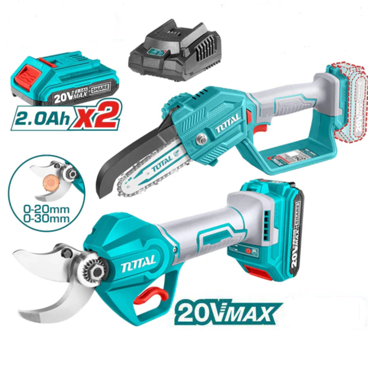 Total Small wood saw set + pruning shears (battery-powered) + 2 batteries + charger