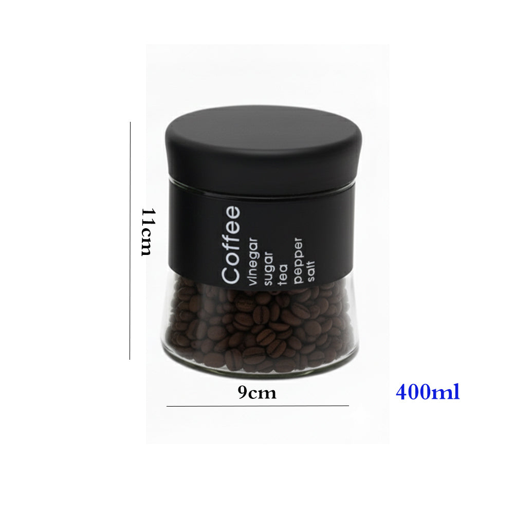 3-Pcs Stainless Steel With Glass Sugar Tea Coffee Canister Set Matte Black-400ml