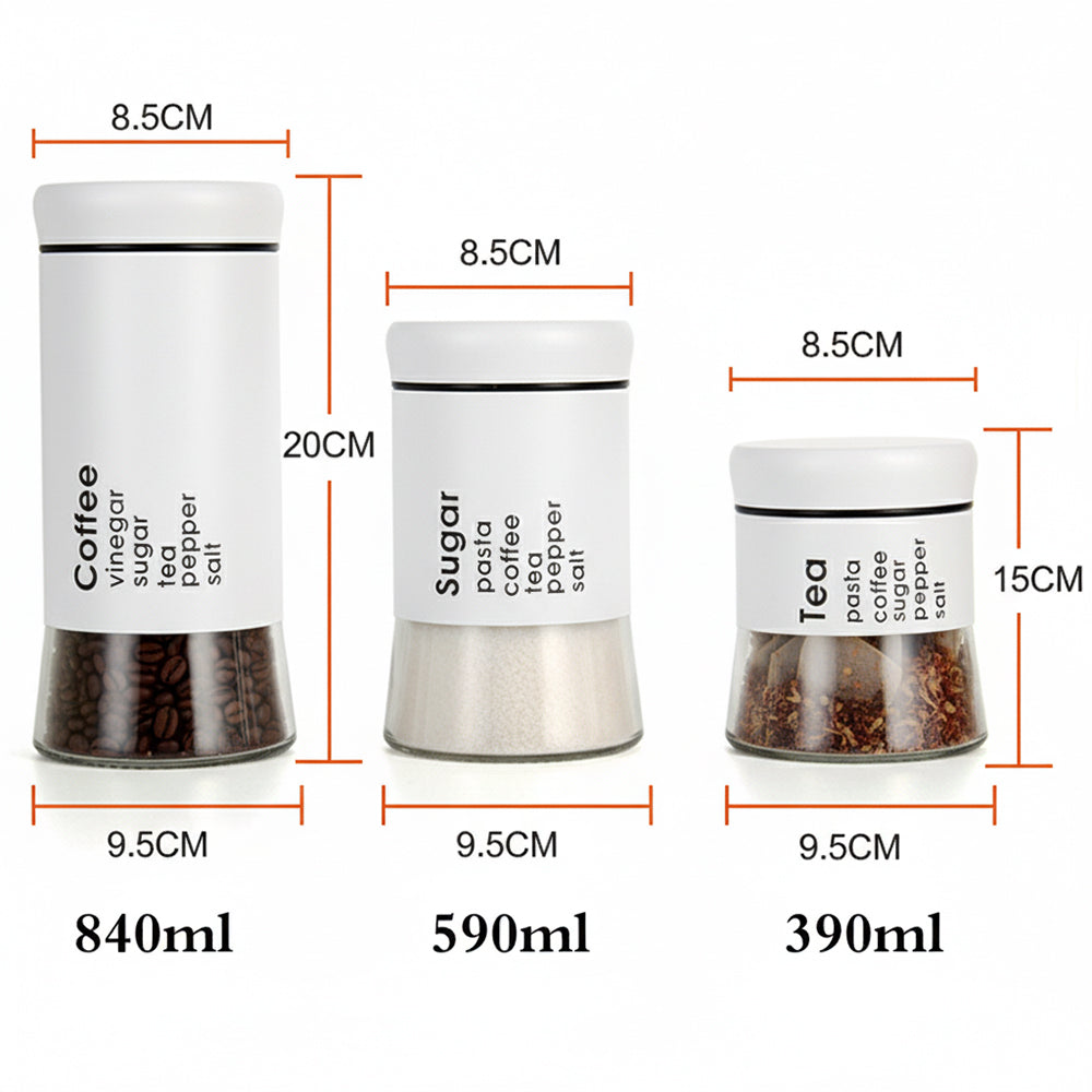 3-Pcs Stainless Steel With Glass Sugar Tea Coffee Canister Set Matte White-390/590/840ml