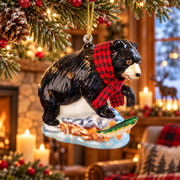 Alpine Lodge Hanging Glass Bear Christmas Ornament – Black Bear with Scarf