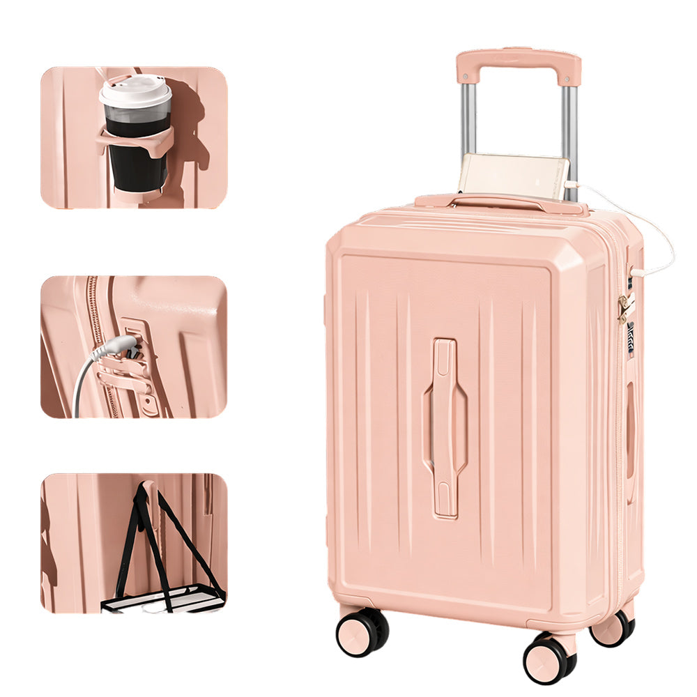 Carry-On Suitcase with USB Charging & Cup Holder (Pink)