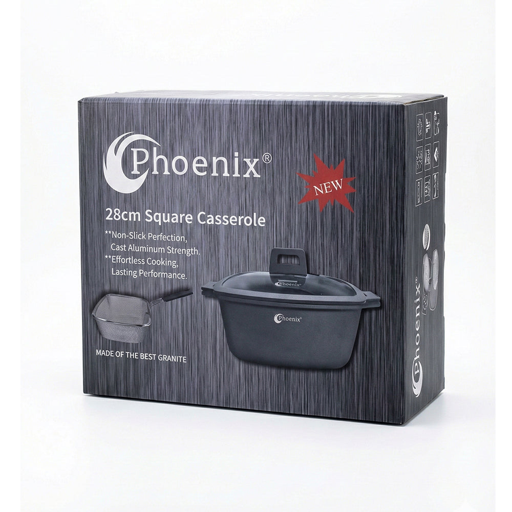 Phoenix 28cm Cast Aluminum Casserole with Glass Lid & Frying Basket – Black