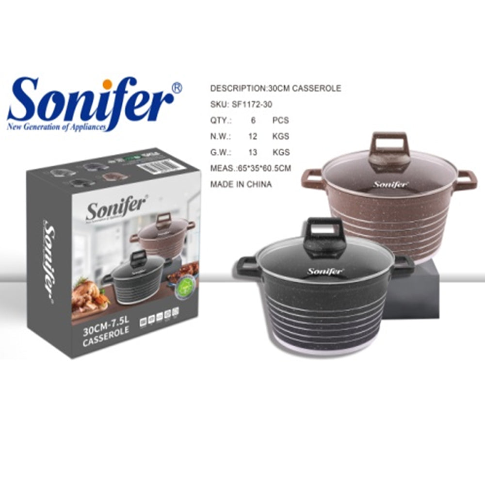 Sonifer 20/22/24/26/28/30/32/36cm Wear-Resistant Non-Stick Granite Casserole with Glass Lid SF-1172-Black