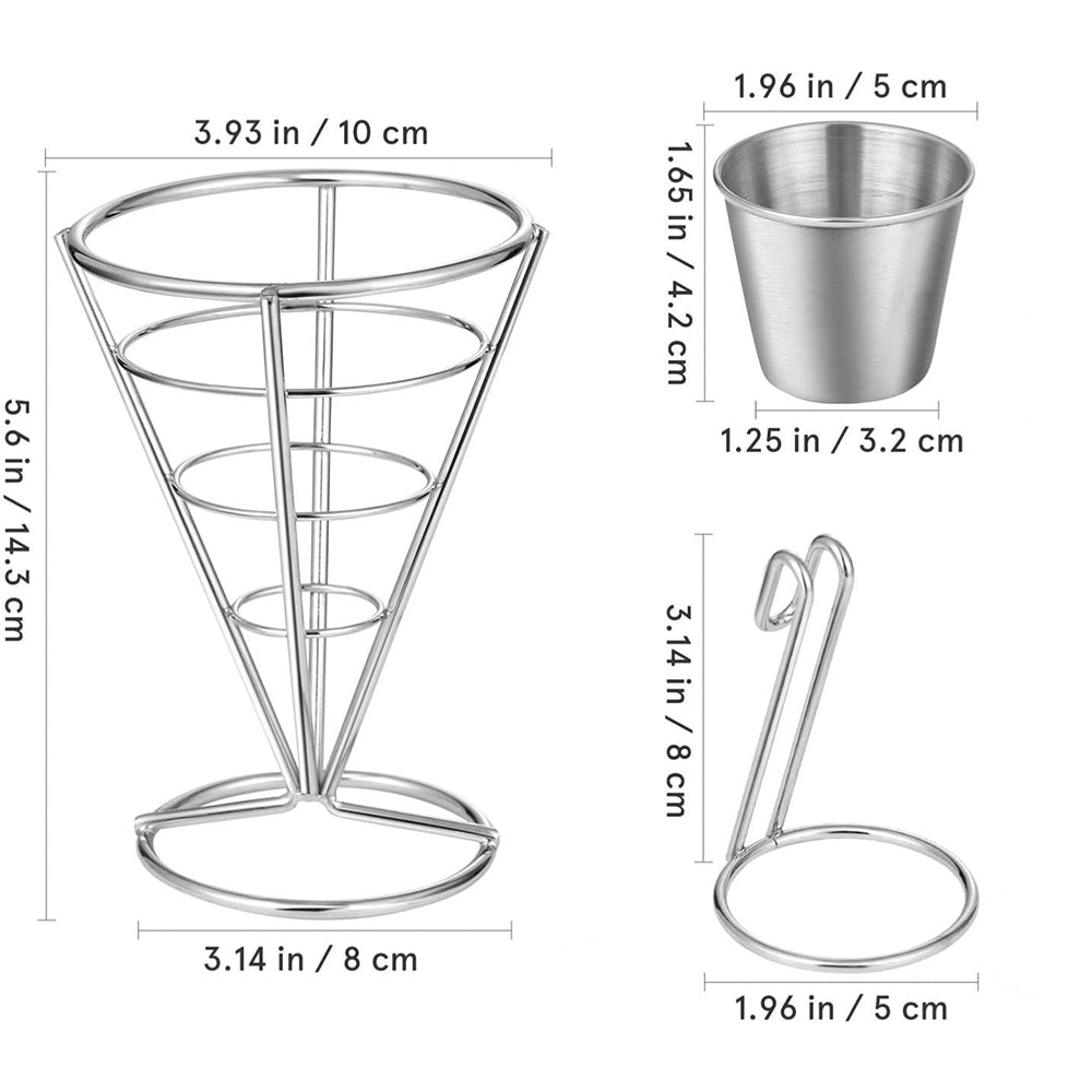 Stainless Steel French Fries Stand Cone Basket with Dip Dishes