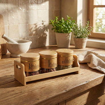 Bamboo Spice Rack Set with 3 Glass Jars Plastic Lid – 400 #CB-TWJ37