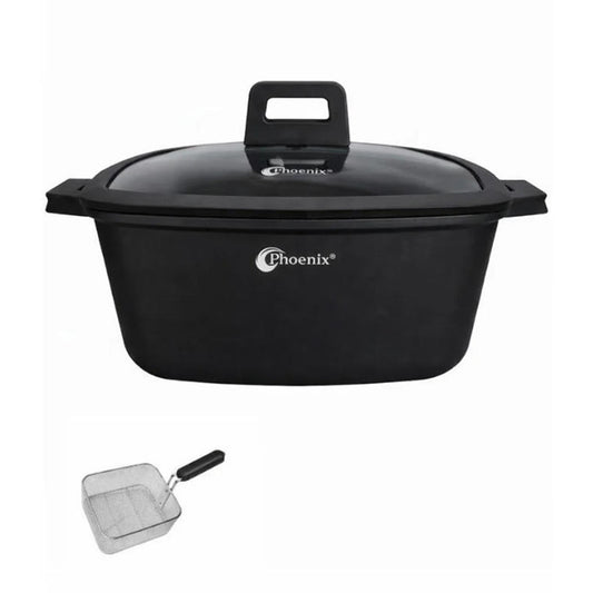 Phoenix 28cm Cast Aluminum Casserole with Glass Lid & Frying Basket – Black