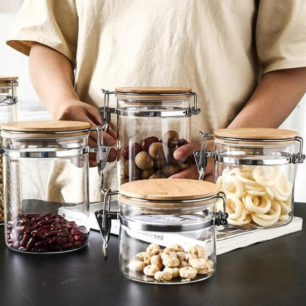 Glass Storage Jar With Clip Seal Wooden Lid
