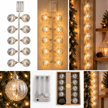 Christmas LED Glass Ball Garland – 10 Lights, Warm White