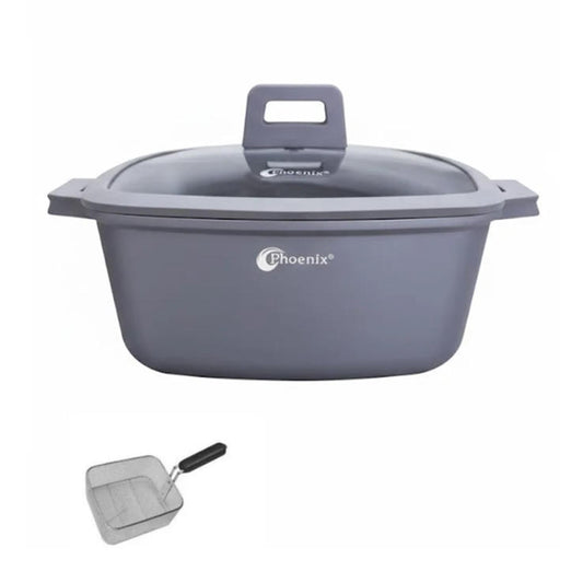 Phoenix 28cm Cast Aluminum Casserole with Glass Lid & Frying Basket – Grey