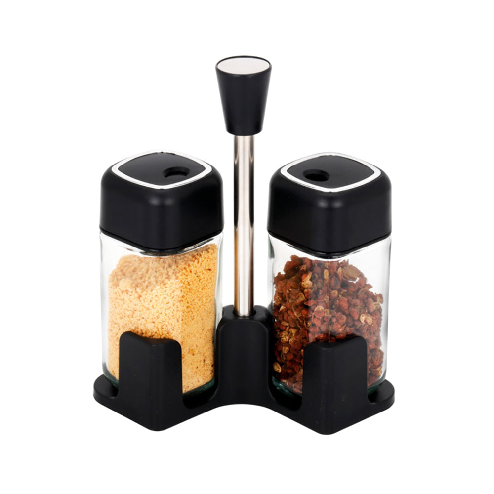 2-Pieces Glass Salt & Pepper Jar High Quality Plastic Lid-Black 110ml With stand