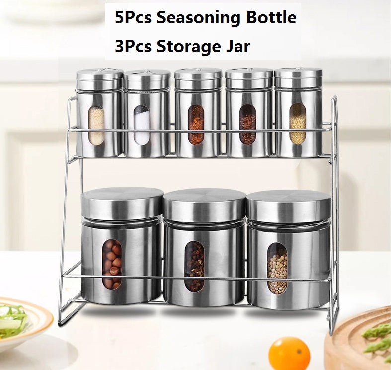 8-Pcs Stainless Steel Glass Spice Rack Set – 330/100ml #CB-TWJ07