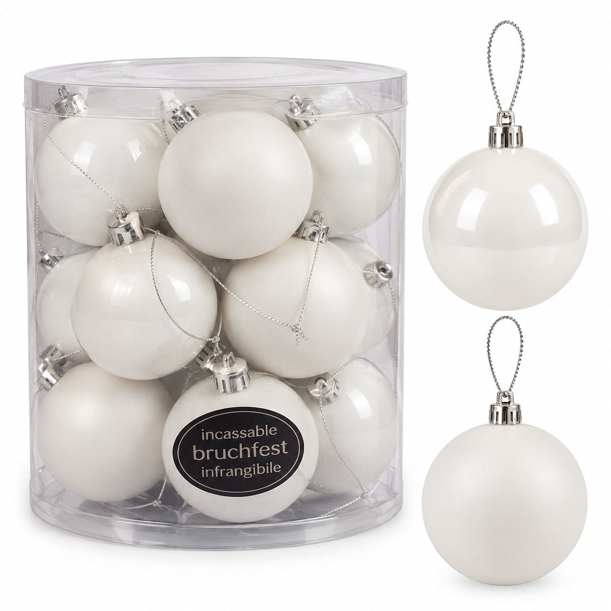 BASIC White Christmas Baubles – Set of 12