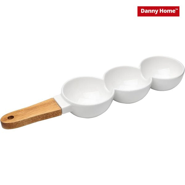 Chips and sauce ceramic Bowls with wooden handle – 3 Parts