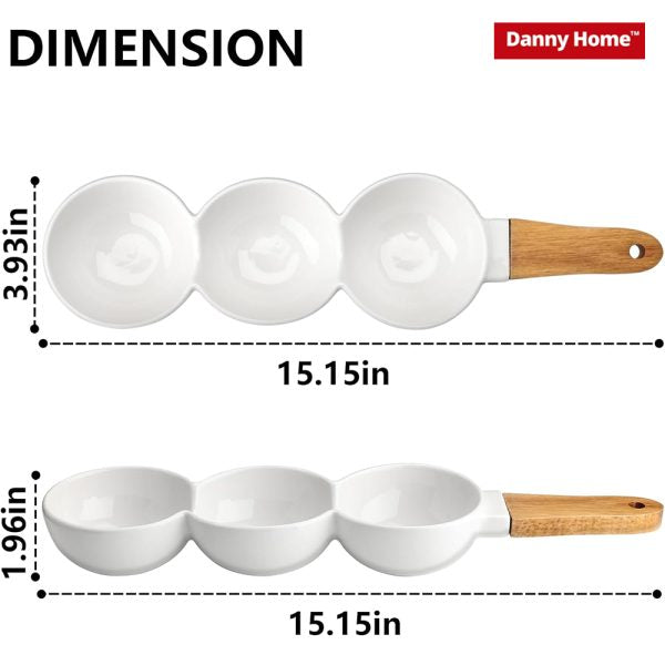 Chips and sauce ceramic Bowls with wooden handle – 3 Parts