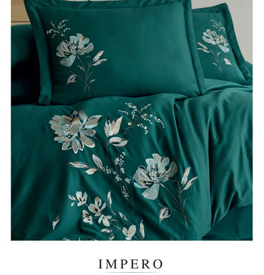 IMPERO green - Cotton Satin Embroidered Duvet Cover Set Double