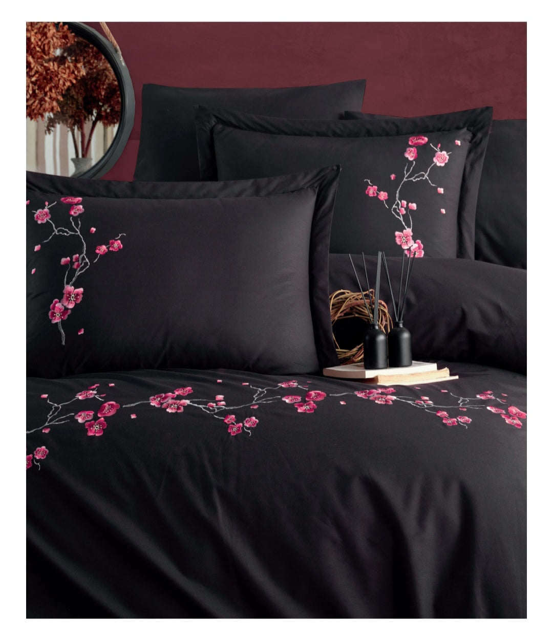 Poplin Double size 3d Embroidered Duvet Cover Set SAKURA Black