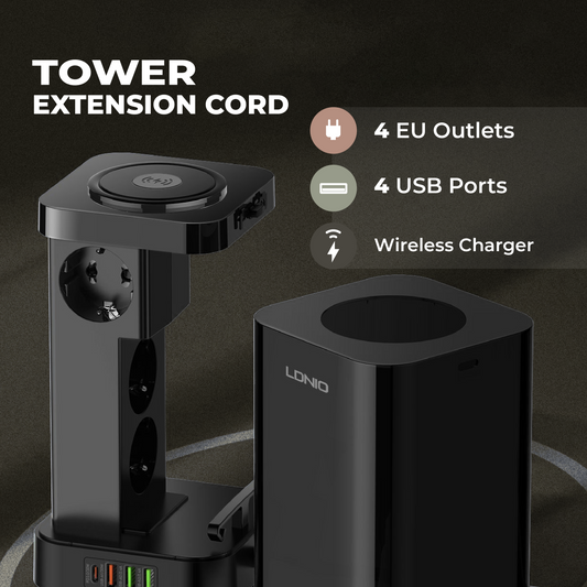 Tower Extension Cord (4 Outlets, 4 USB Ports, & Wireless Charger)