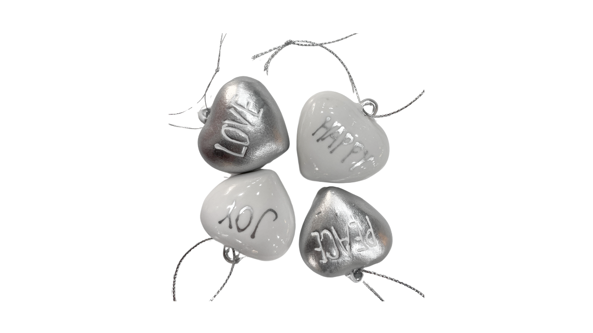 Set of 4 Ceramic Heart Shaped Ornaments