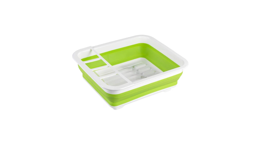 Dish drainer Gaia foldable green/white with cutlery holder and plate stand By Wenko.de