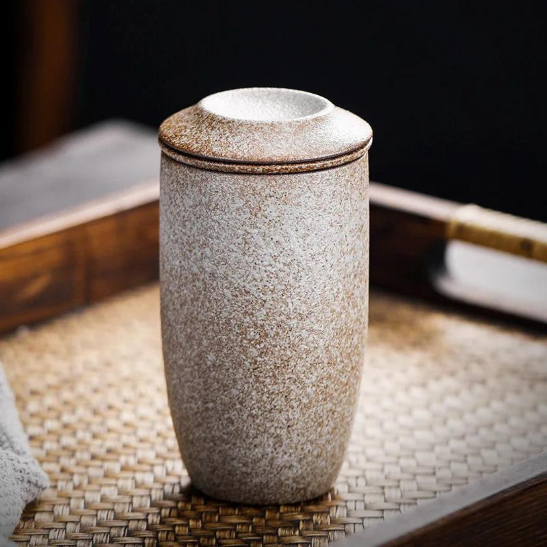 Japanese Style Stoneware Filter Tea Cup With Lid 225Ml(