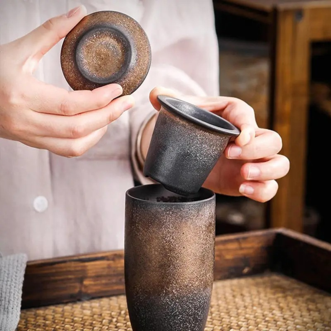 Japanese Style Stoneware Filter Tea Cup With Lid 225Ml (Brown)