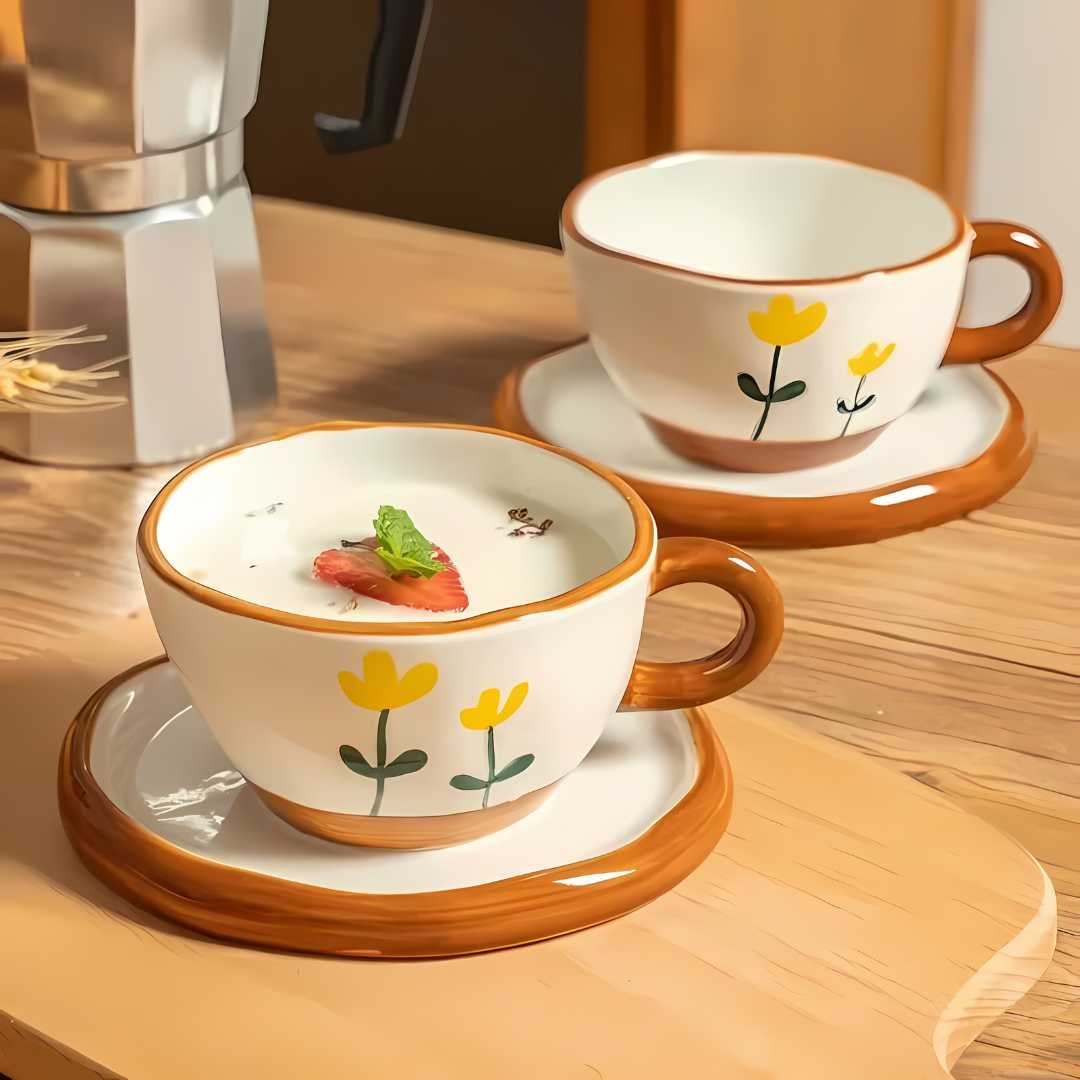 New in Beautiful Hand Painted korean Style Ceramic Coffee Cup With Saucer 250ML