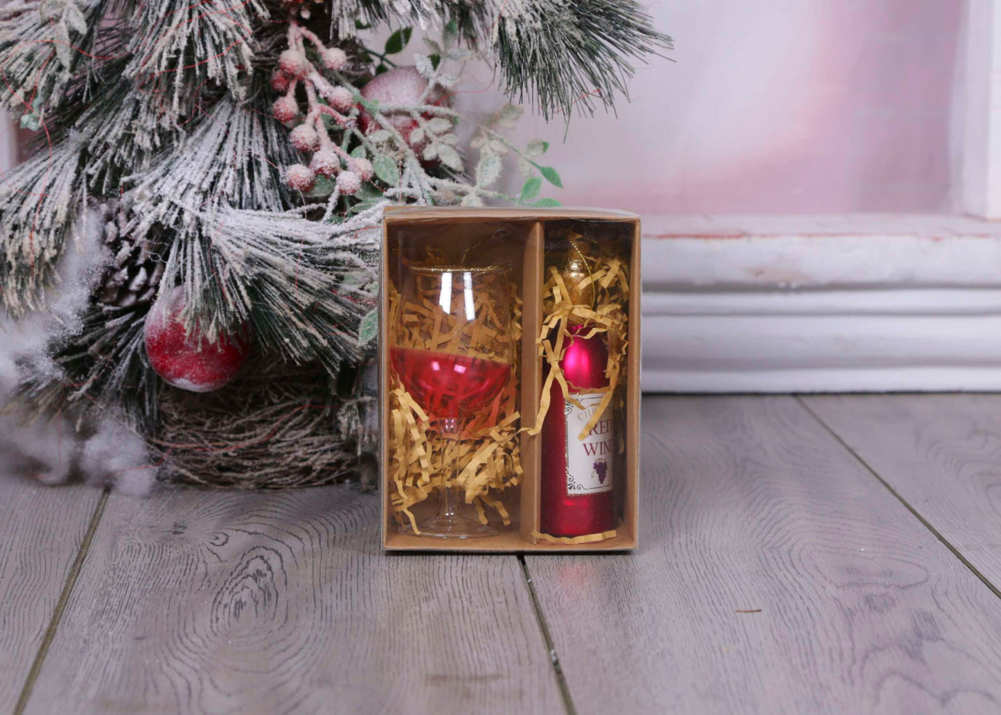 Christmas Ornament Wine Bottle and Glass - Hot Red