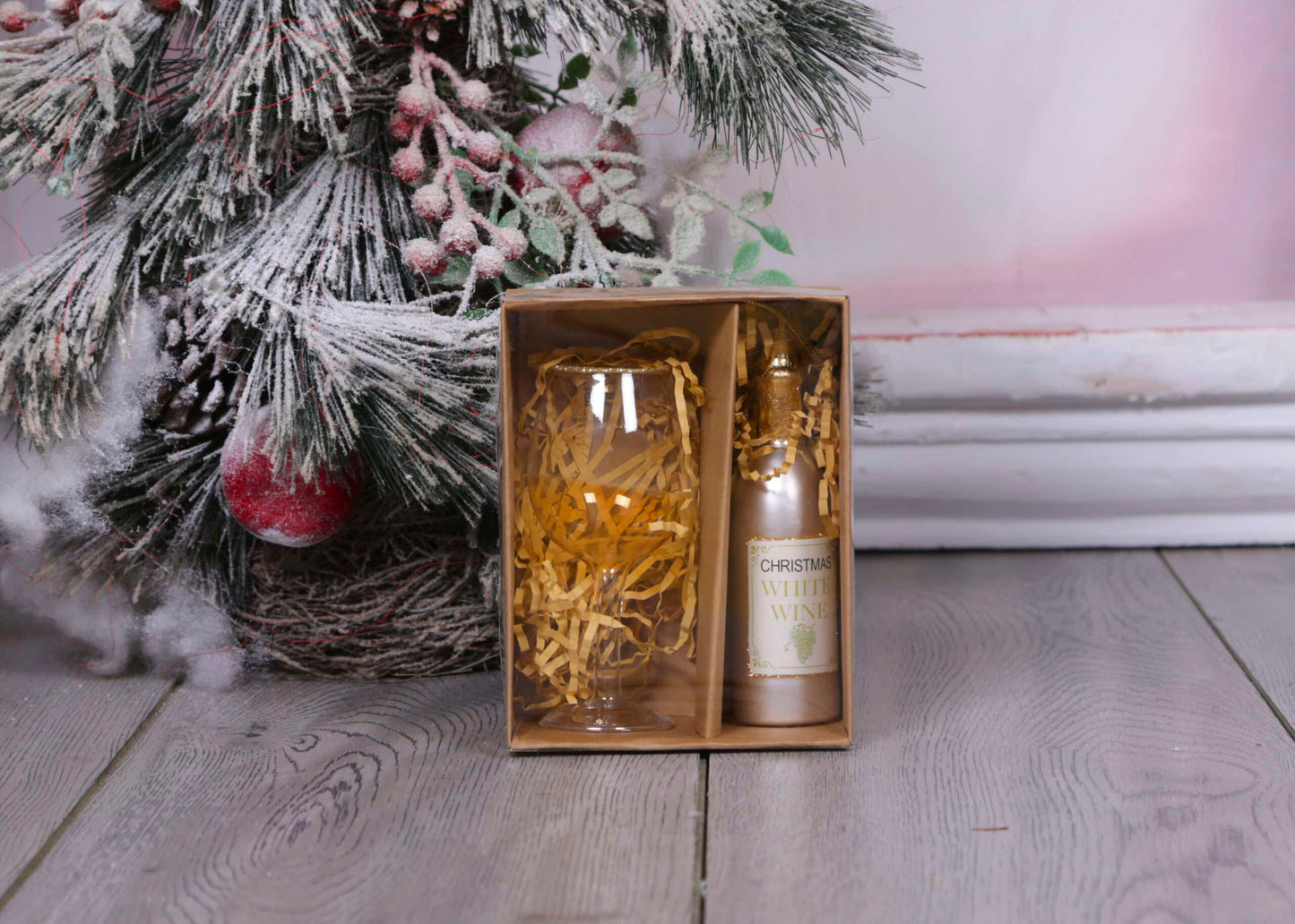 Christmas Ornament Wine Bottle and Glass - Yellow