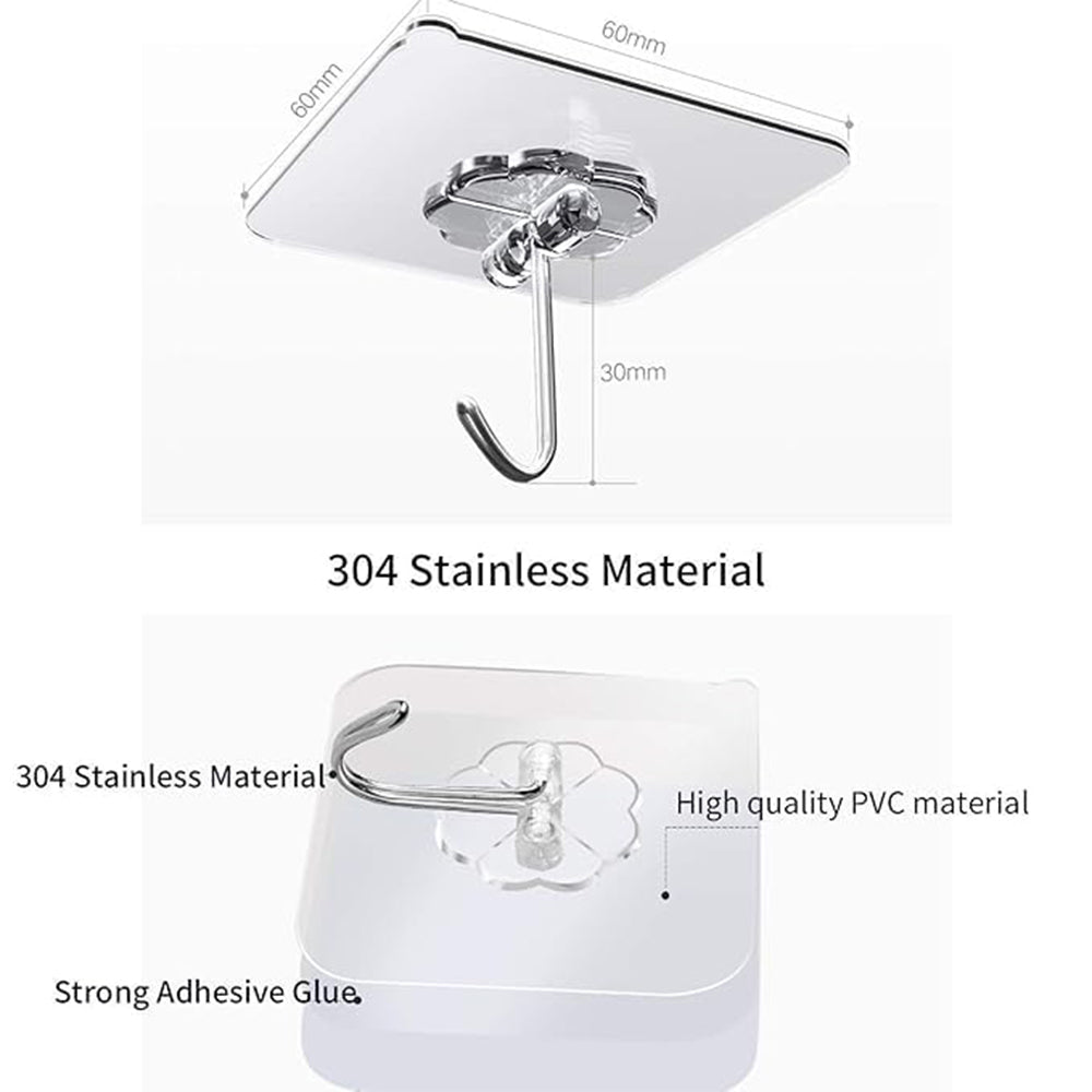 10-Pcs Heavy Duty Waterproof Transparent Adhesive Stainless-Steel Hooks 6cm (Load Up to 2-3 Kg)
