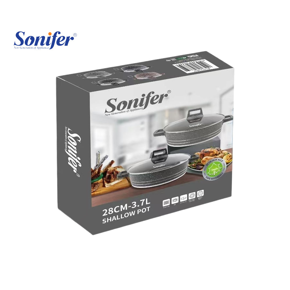 Sonifer 28/32/36/40cm Wear-Resistant Non-Stick Granite Shallow Pot with Glass Lid SF-1173 Grey