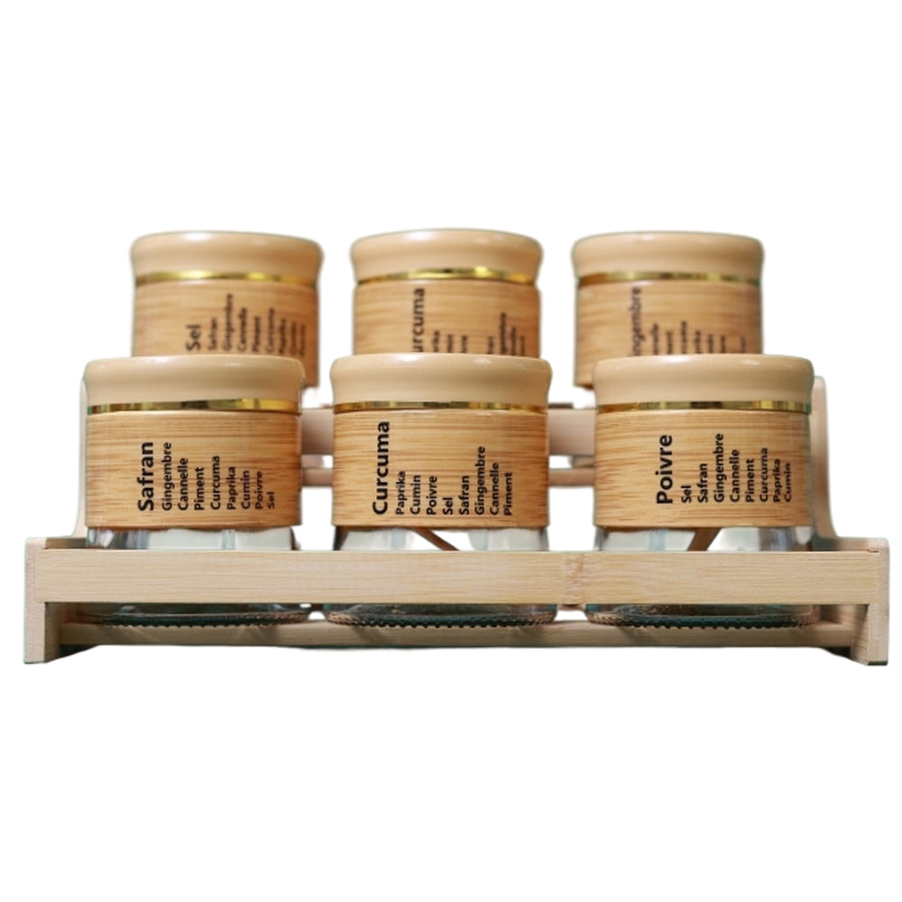 Bamboo Spice Rack Set with 6 Glass Jars Plastic Lid – 400 #CB-TWJ36