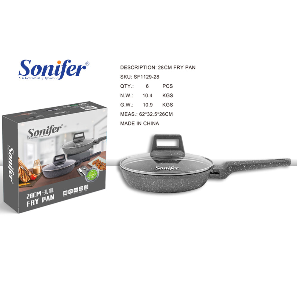 Sonifer 20/22/24/26/28/30/32cm Wear-Resistant Non-Stick Granite Fry Pan With Glass Lid SF-1129 Grey