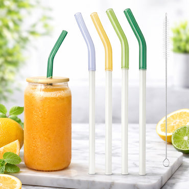 Reusable Glass Straws – Half-Color Bent Design (Set of 4 + Cleaning Brush)