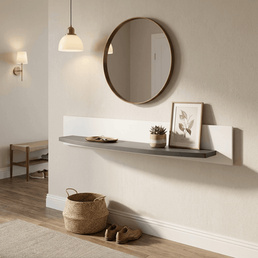 Curved Floating Wall Shelf with White Back Panel and Gray Display Ledge