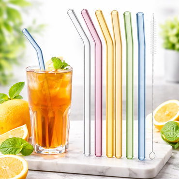 Reusable Colorful Glass Straws – Shatter Resistant (6 Pcs with Cleaning Brush)