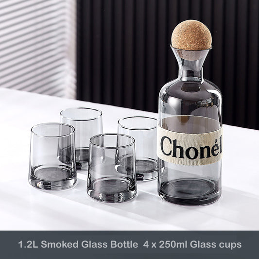 1.2L smoked Glass Bottle، Wooden ball Lid, 4 x 250ml Glass cups