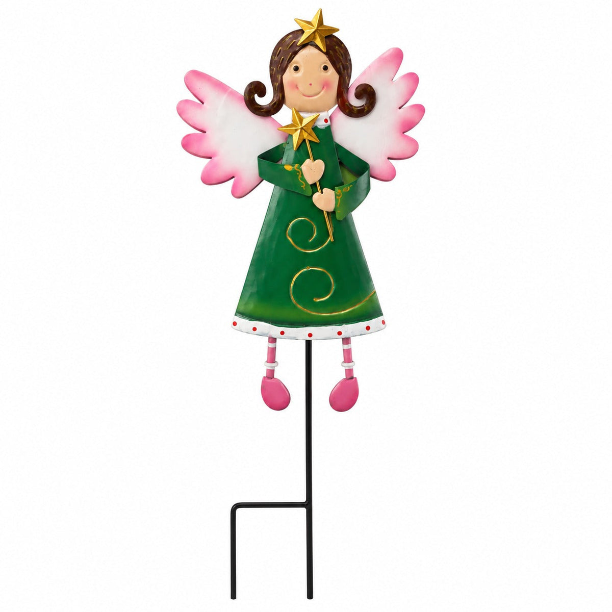 Christmas Metal Angel Garden Stake – Green & Pink