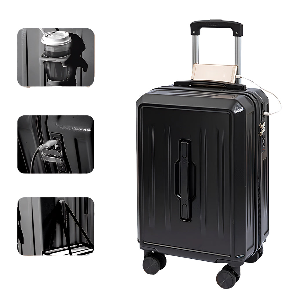 Carry-On Suitcase with USB Charging & Cup Holder (Black)