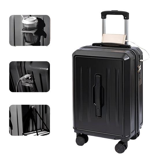 Carry-On Suitcase with USB Charging & Cup Holder (Black)