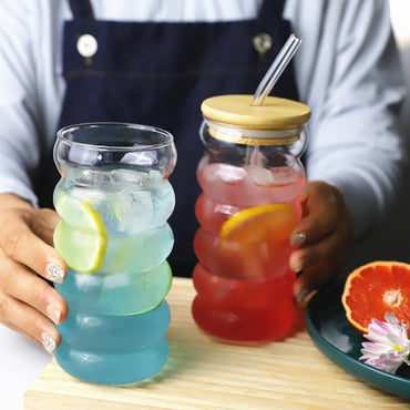 Matcha Wave Shaped Glass Tumblers Drinking with Lid and Straw – 450ml