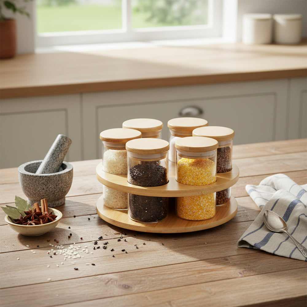 6-Glass Seasoning Jar with 360°C Rotatable Base Holder Set HF-15