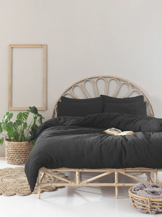 Dubrovnik Muslin Vintage Duvet Cover Set - Black DOUBLE SIZE